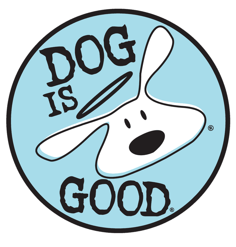 A light blue circular logo features a cartoon dog with a halo, saying "DOG IS GOOD."